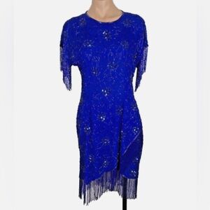 Vintage Laurence Kazar Silk Blue Beaded Fringe Occasion Dress India Made Large
